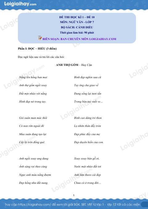 Đề thi học kì 1 Văn 7 Cánh diều - Đề số 10